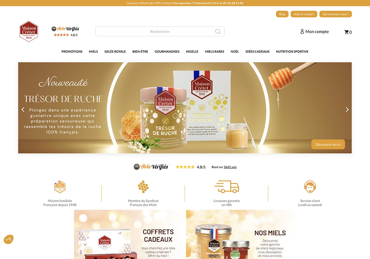 Exemple de réalisation ecommerce idealcoms : Miel Crétet, chiffre d'affaires web multiplié par 15 en trois ans.